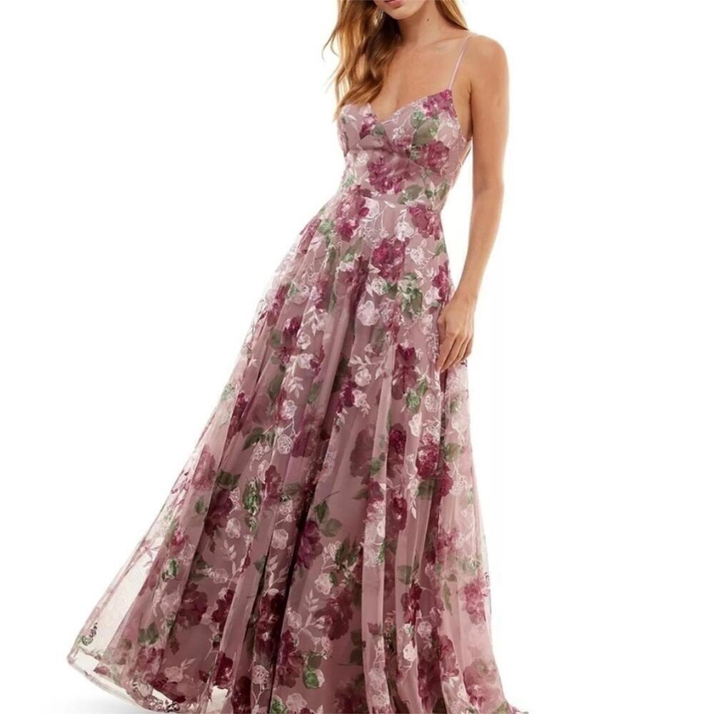 SAY YES TO THE PROMJuniors'Embroidered Floral Lace-Up Gown evening dress 5 dress - Picture 4 of 15